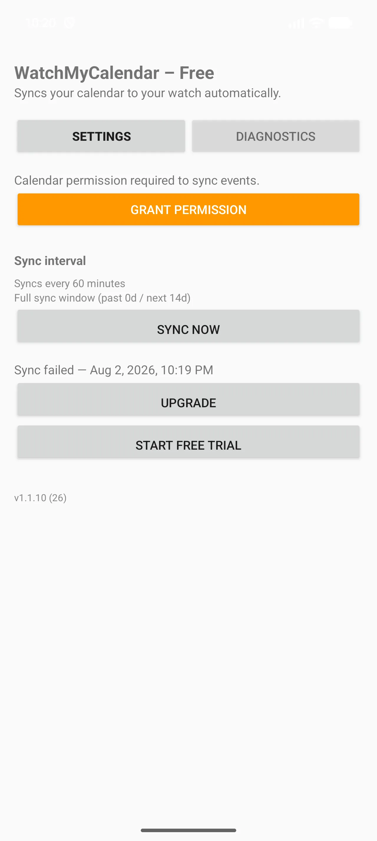 Phone settings showing the locked sync interval and window in the Free tier