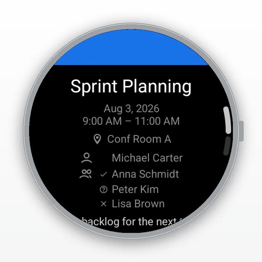 Event detail view with location and attendees visible in the Plus tier
